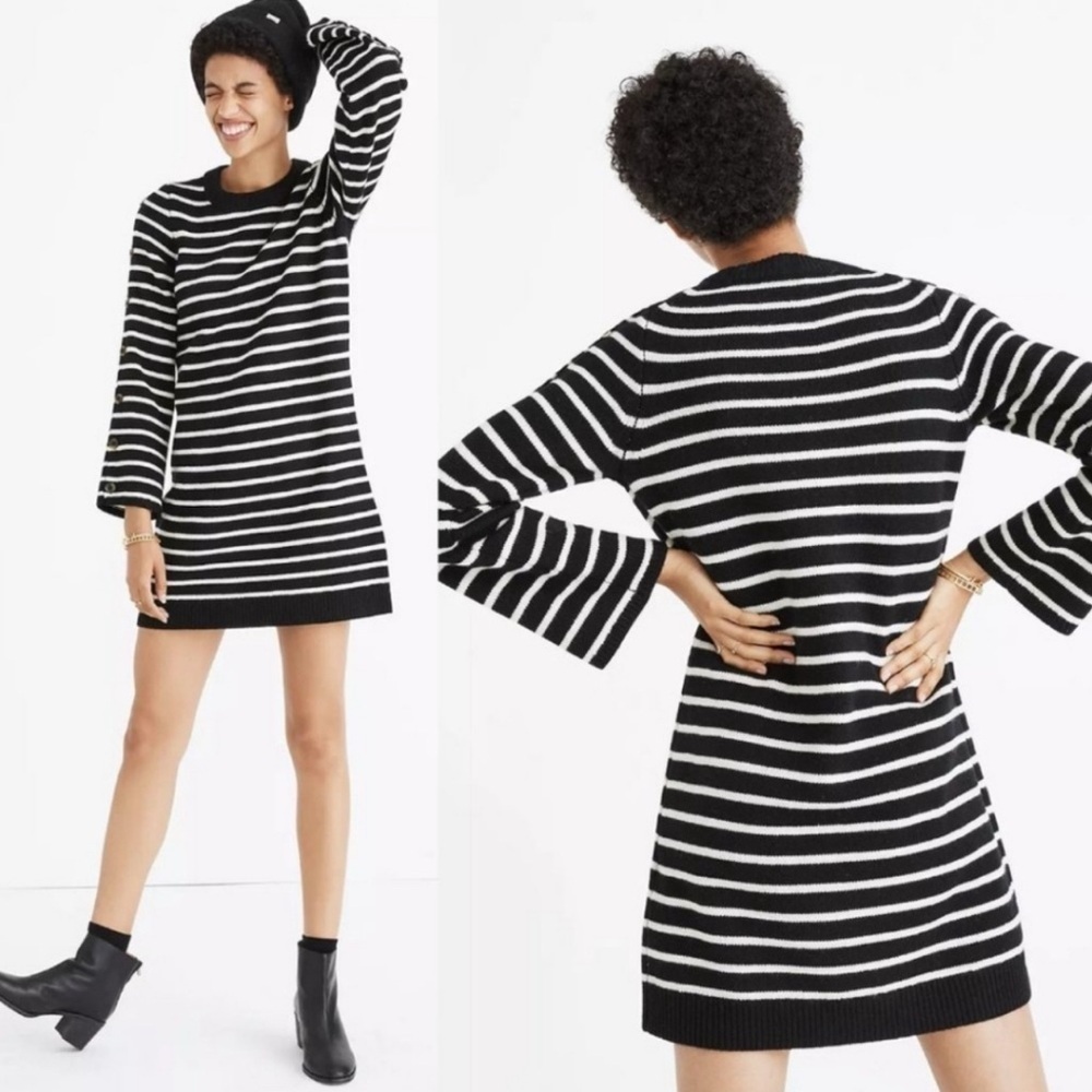 Madewell Merino Wool Stripe Button Sleeve Sweater Dress Size Medium